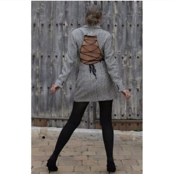 ZARA | Open Back Blazer Dress in Black/White Houndstooth - Picture 12 of 13